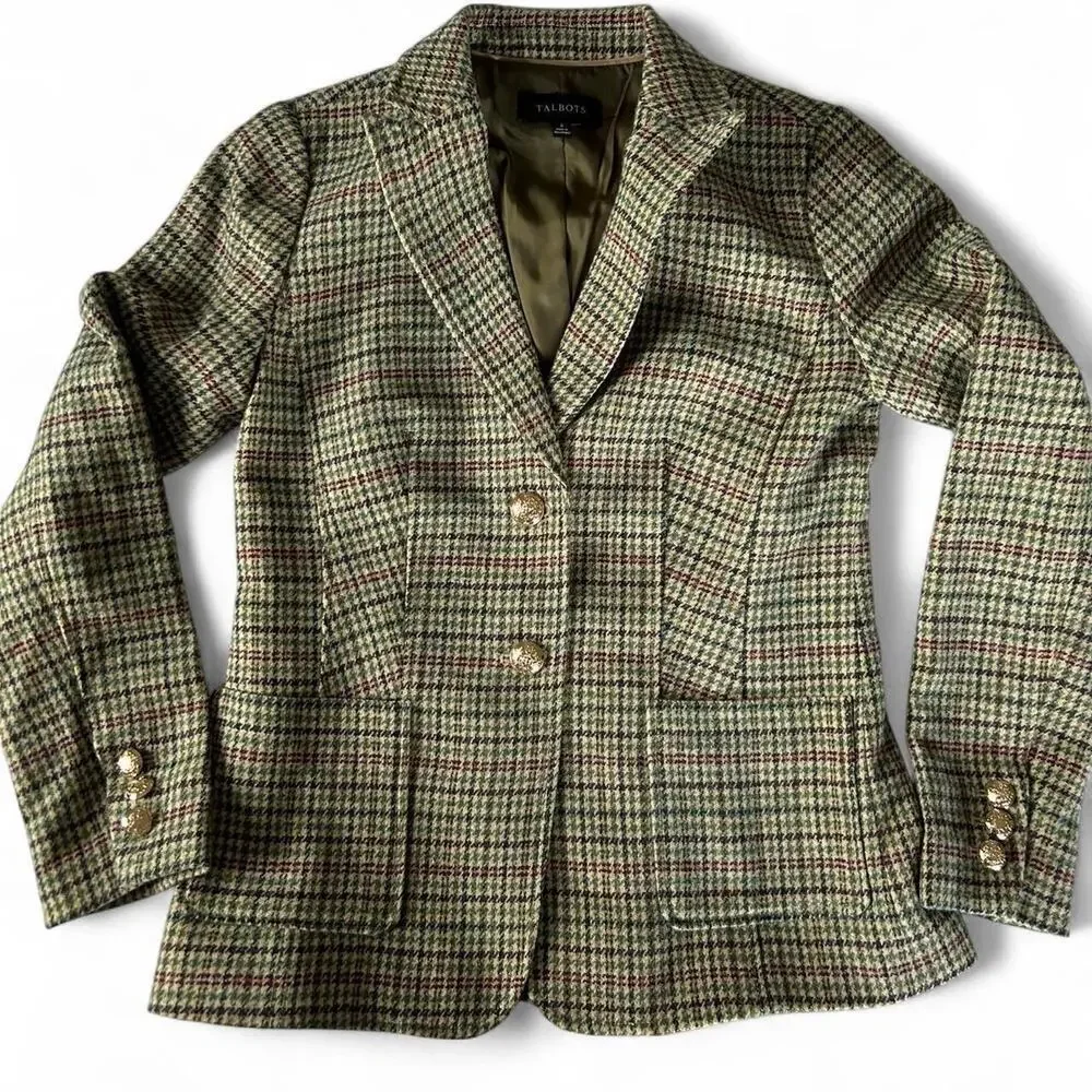 NWOT Talbots plaid wool blend blazer with gold buttons size 2 S
